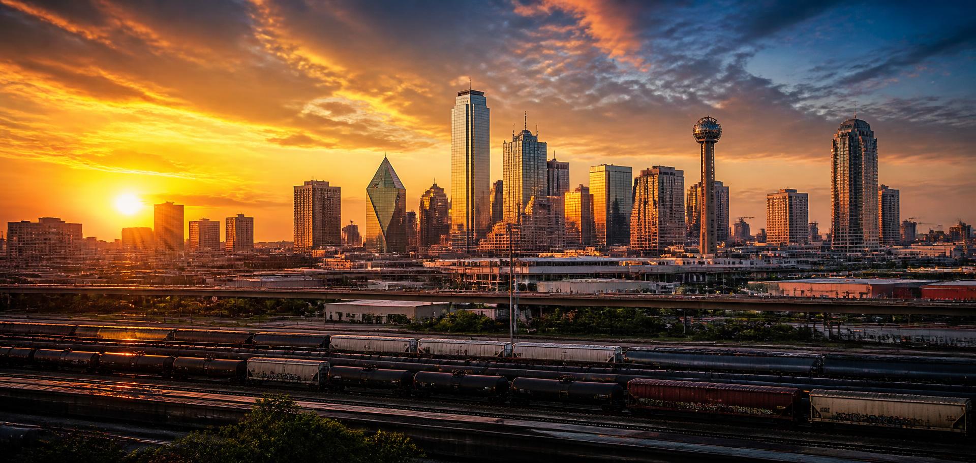 Dallas at golden hour, seen across the freight rail yards